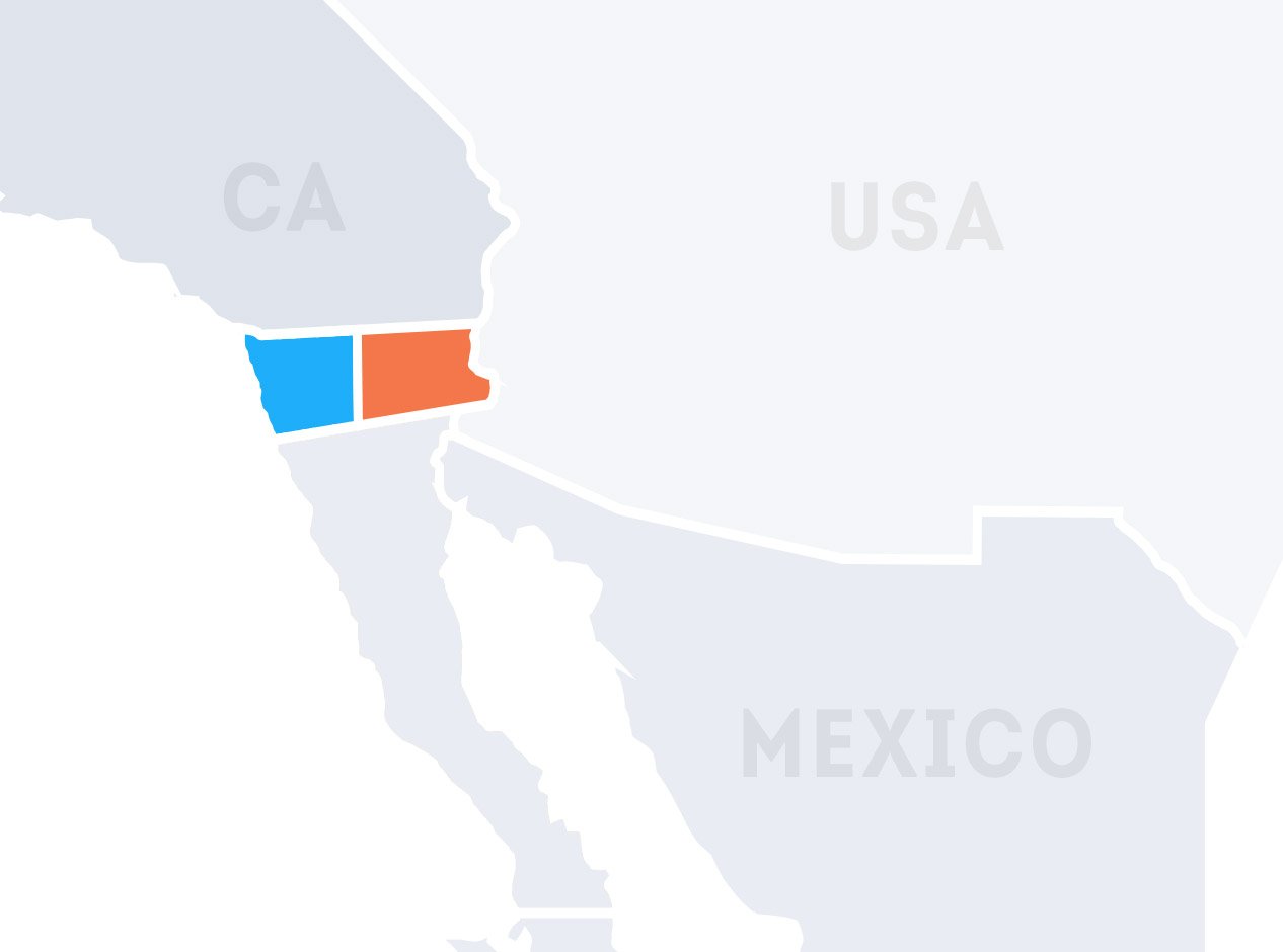 Map of the Southwest US with California and the USA labeled, with a blue and orange state highlighted near the border with Mexico.